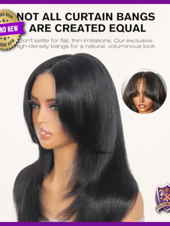 Human Hair Glueless Lace Front Wig with Layered Curtain Bangs 18 Inch